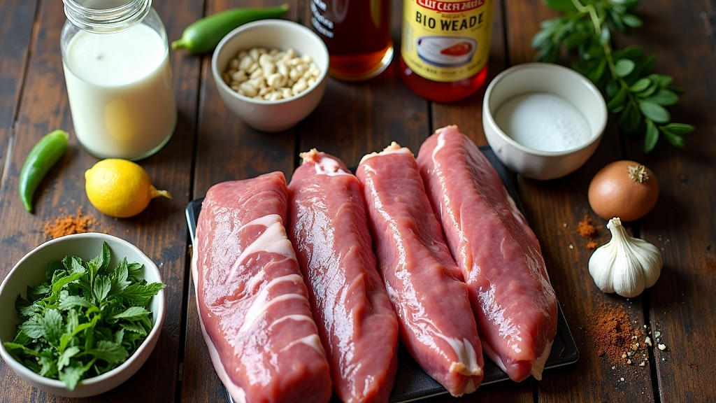 A rustic kitchen table topped with ingredients for a Southern marinade, such as buttermilk, hot sauce, fresh herbs, garlic, and spices, alongside raw meats prepped for marinating.