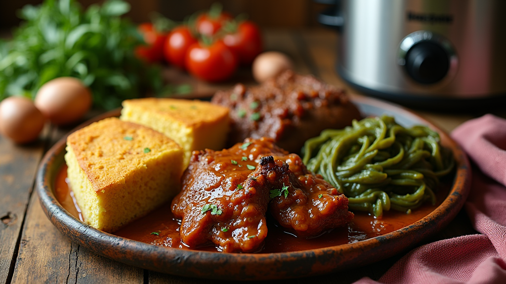 Classic Southern meal slow-cooked in a crockpot with cornbread and vegetables on a rustic table